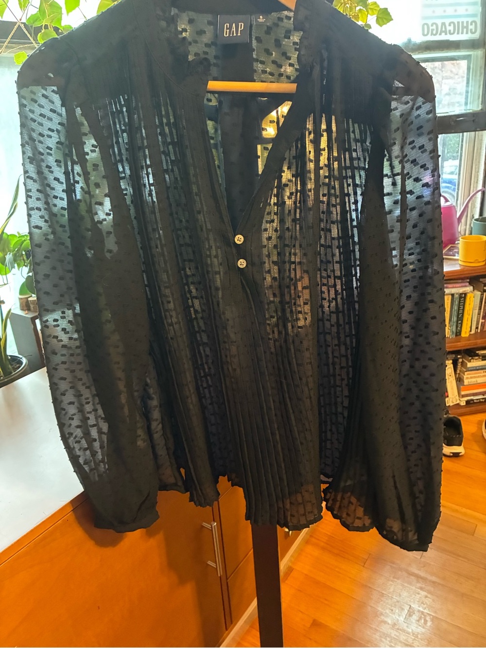 GAP Black Sheer Pintuck Button-Front Blouse